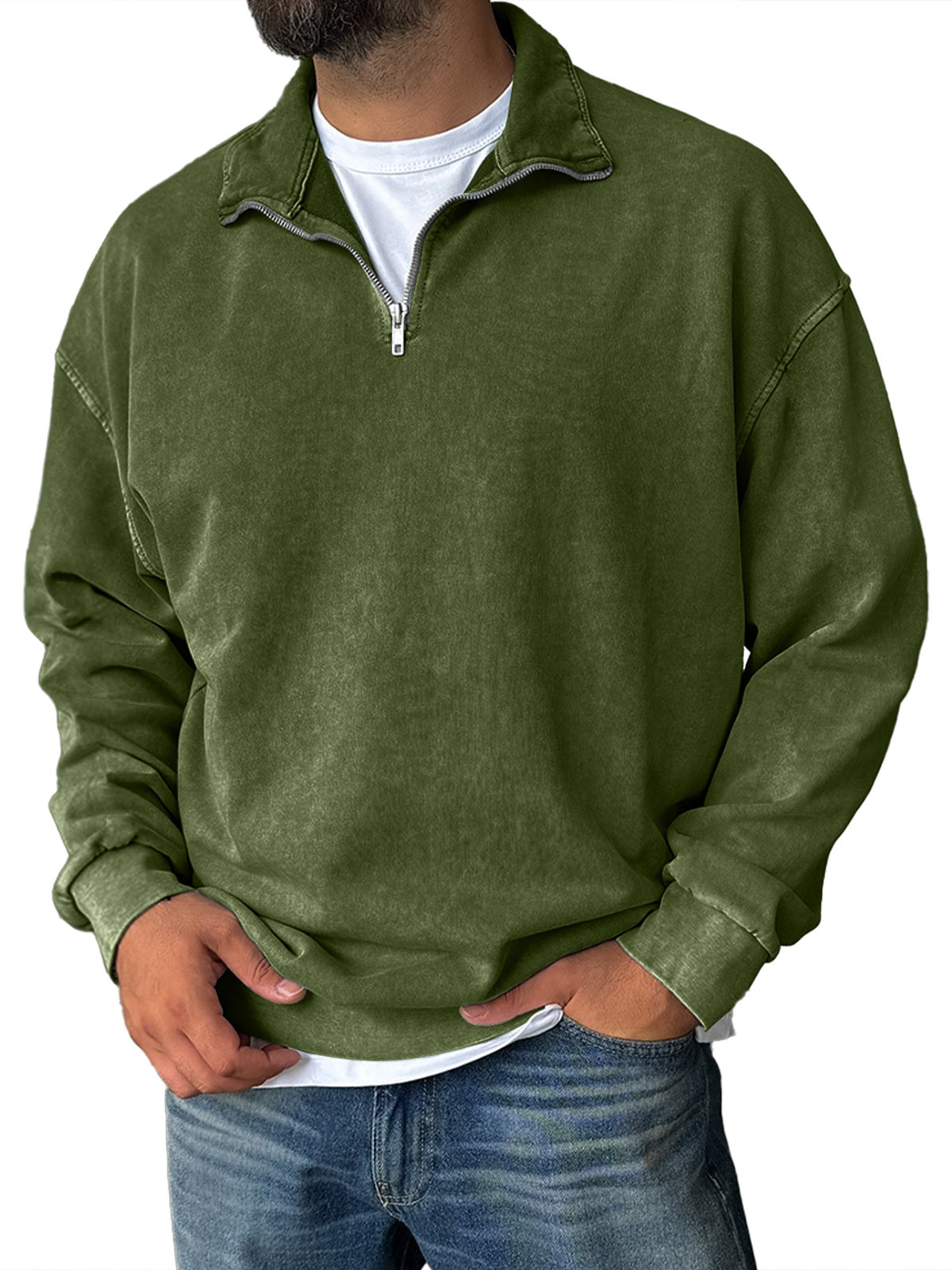Men's Fashionable Retro Half-zip Stand Collar Casual Sweatshirt