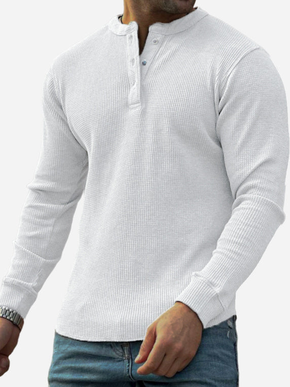 Men's Textured Waffle Trend Long Sleeve Lapel Henley