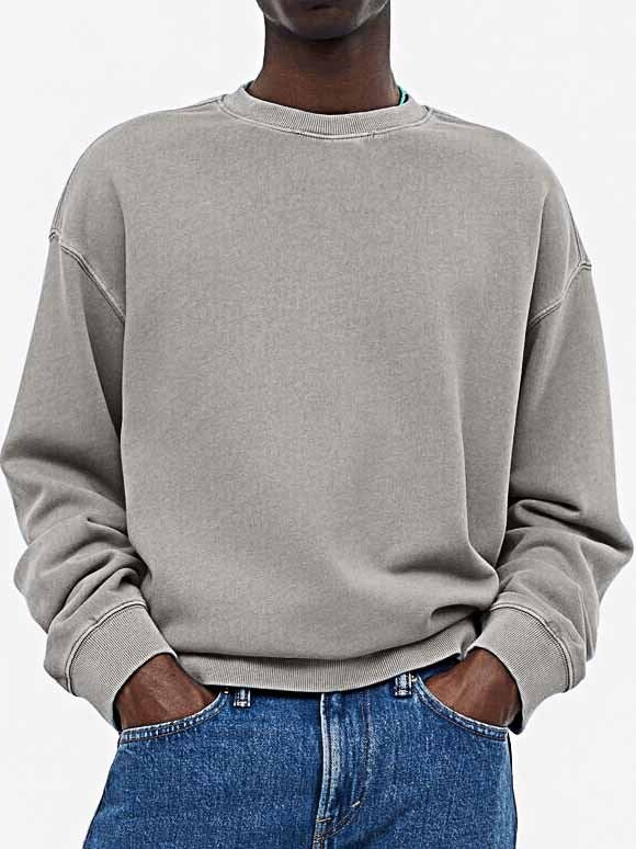 Men's Fashionable Casual Distressed Washed Long-sleeved Crew Neck Sweatshirt