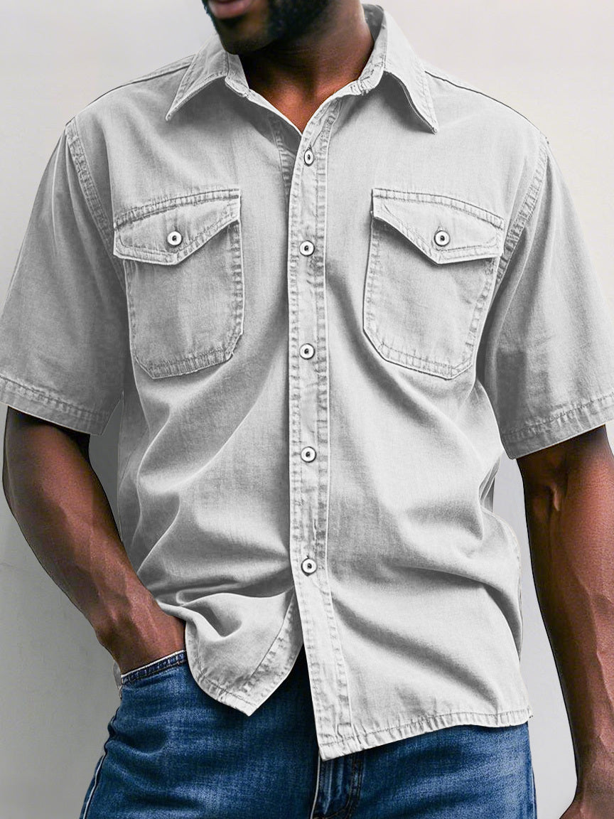 Men's Retro Workwear Double Pocket Casual Solid Color Short Sleeve Shirt