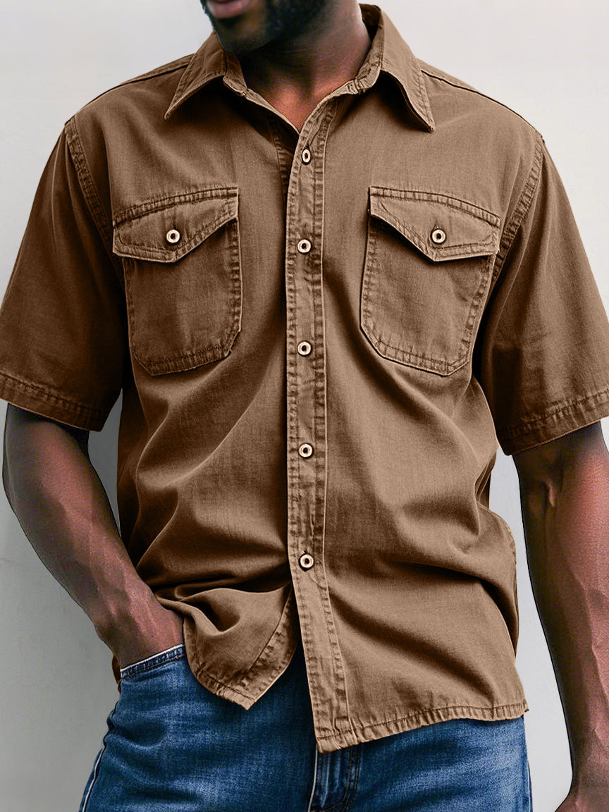 Men's Retro Workwear Double Pocket Casual Solid Color Short Sleeve Shirt