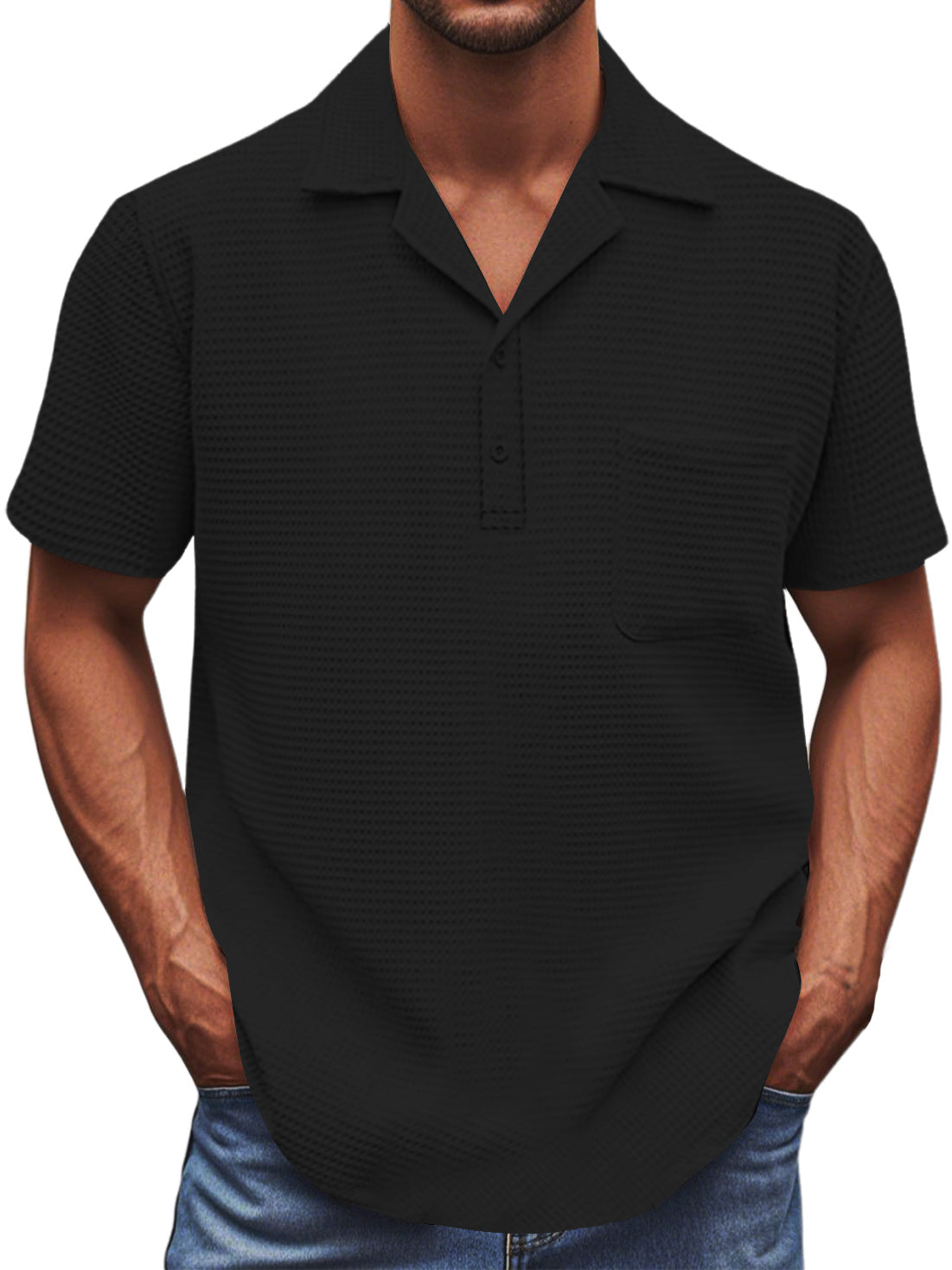 Men's Waffle Fabric Basic Pocket Short-sleeved Polo