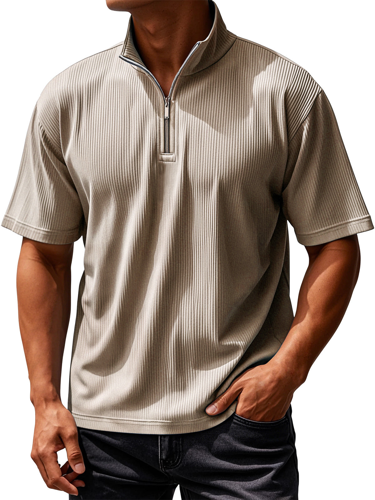 Men's Daily Ribbed Texture Casual Solid Color Short-sleeved T-shirt