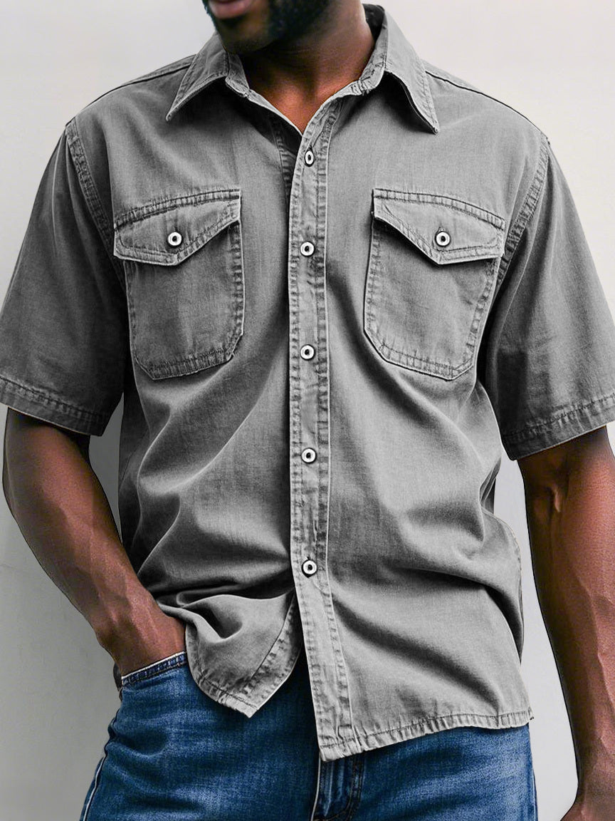Men's Retro Workwear Double Pocket Casual Solid Color Short Sleeve Shirt