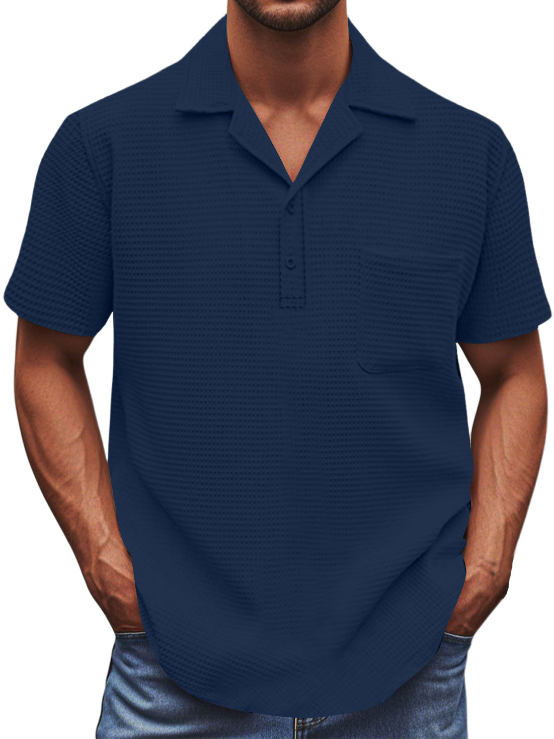 Men's Waffle Fabric Basic Pocket Short-sleeved Polo