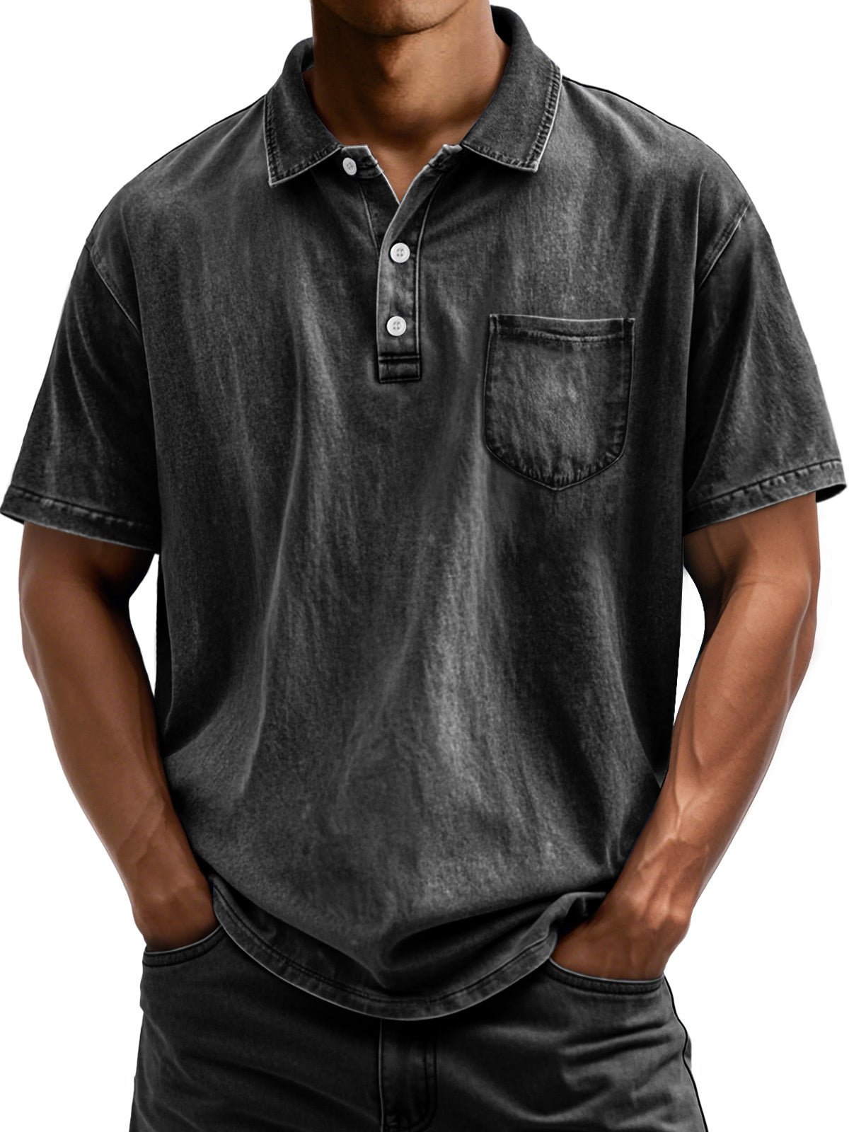 Men's Vintage Cotton Washed Distressed Lapel Pocket Short Sleeve POLO Shirt