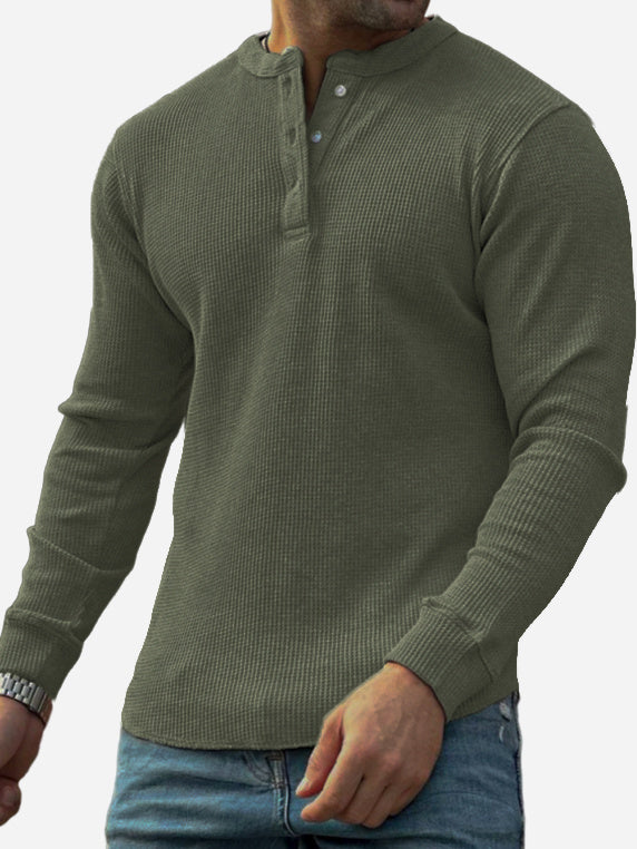 Men's Textured Waffle Trend Long Sleeve Lapel Henley