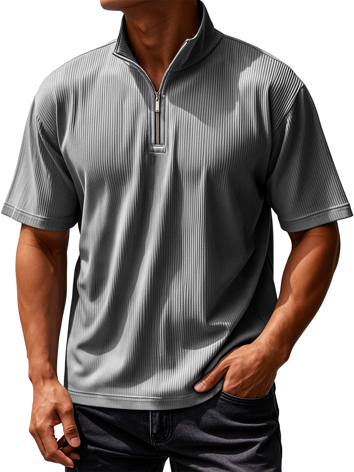 Men's Daily Ribbed Texture Casual Solid Color Short-sleeved T-shirt