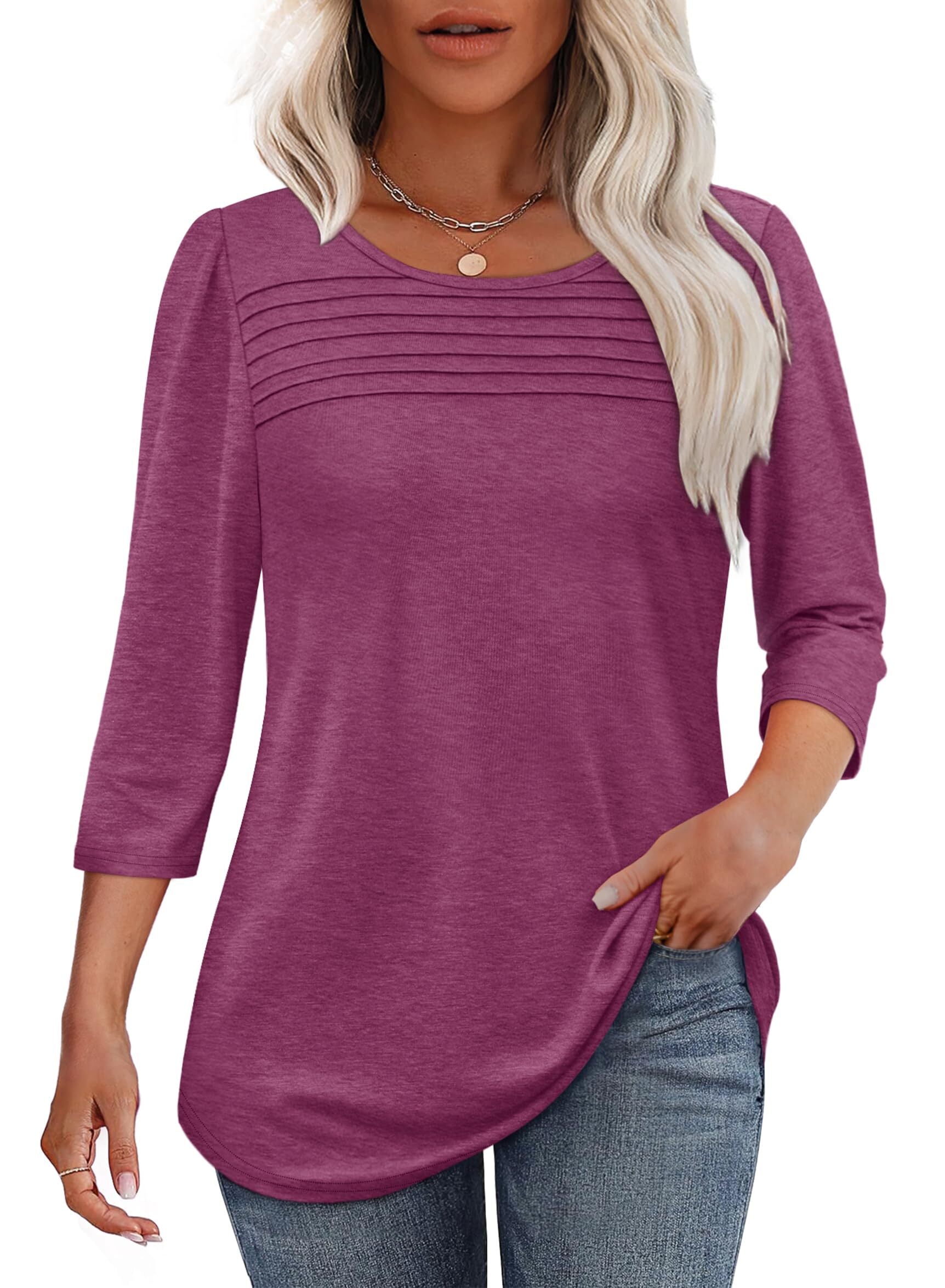 Women's 3/4 Length Sleeve Top Pleated Front T-Shirt (Buy 3 Free Shipping)