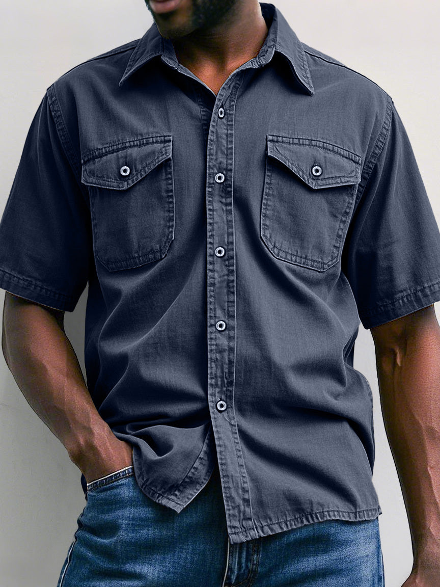 Men's Retro Workwear Double Pocket Casual Solid Color Short Sleeve Shirt