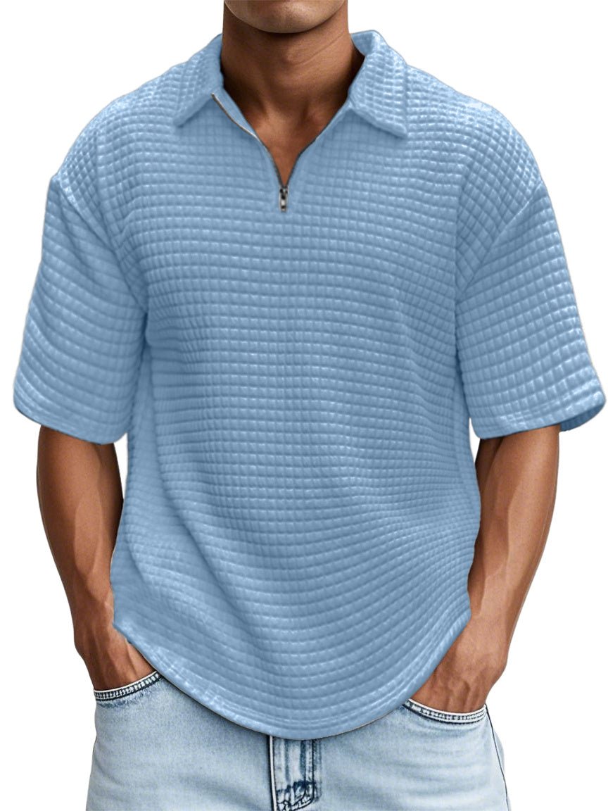 Men's Waffle Fabric Zipper Short-sleeved Top