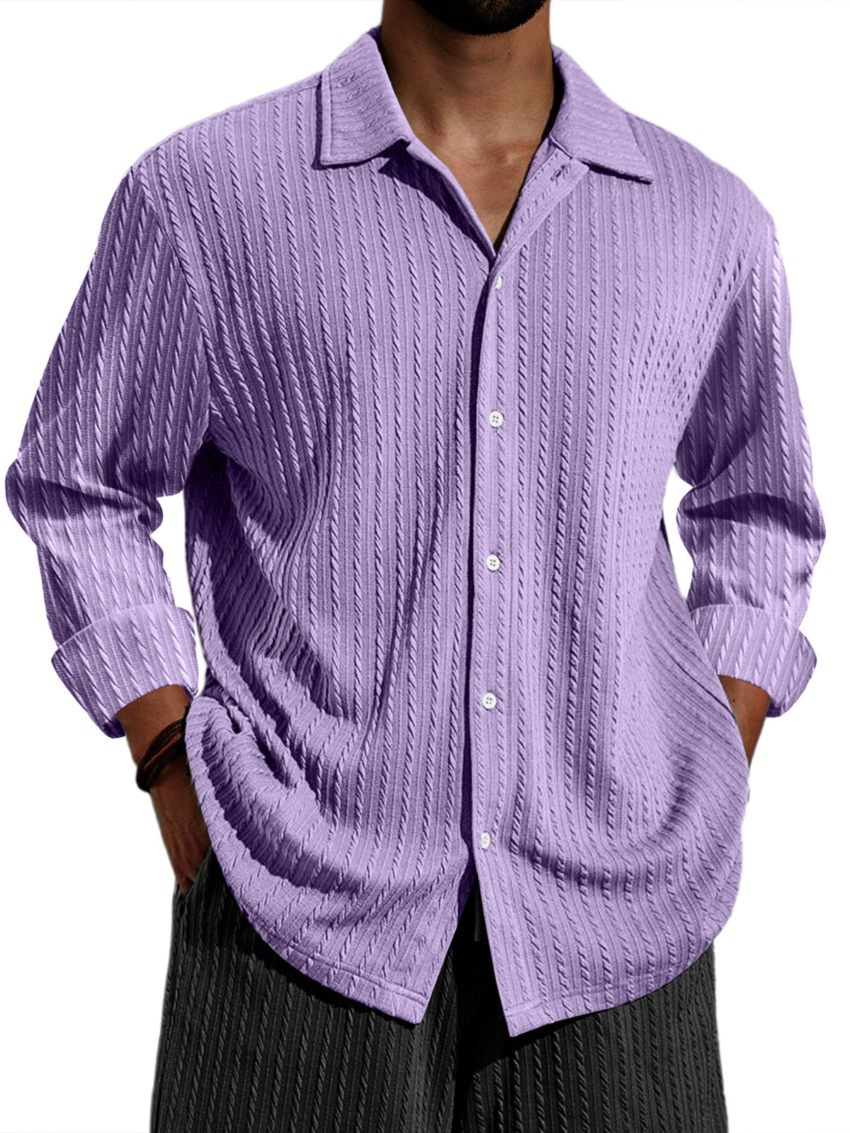 Men's Casual Vertical Stripe Solid Color Long-sleeved Shirt