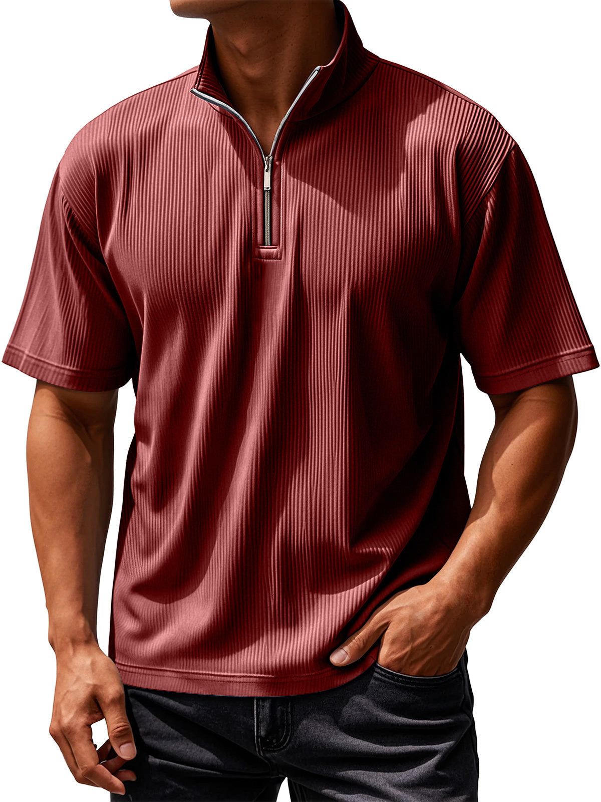 Men's Daily Ribbed Texture Casual Solid Color Short-sleeved T-shirt