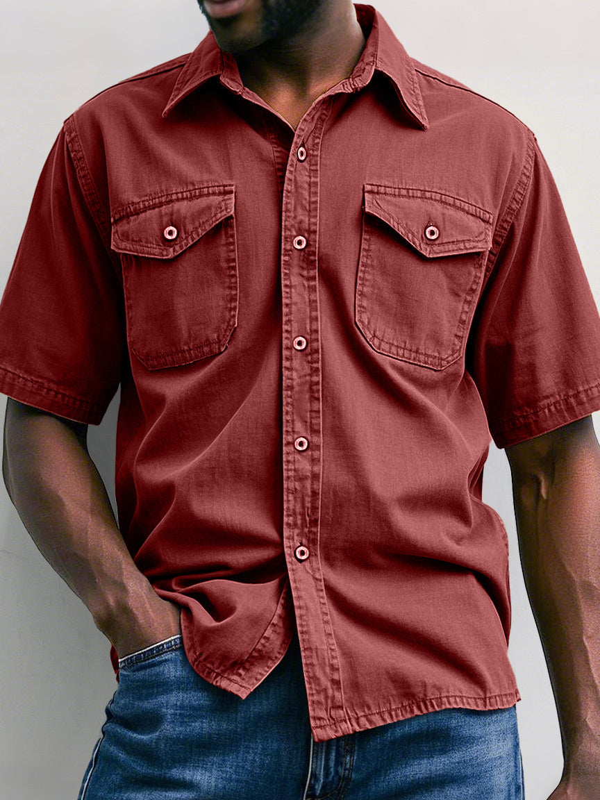 Men's Retro Workwear Double Pocket Casual Solid Color Short Sleeve Shirt