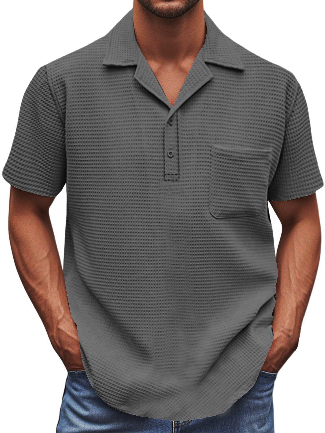 Men's Waffle Fabric Basic Pocket Short-sleeved Polo