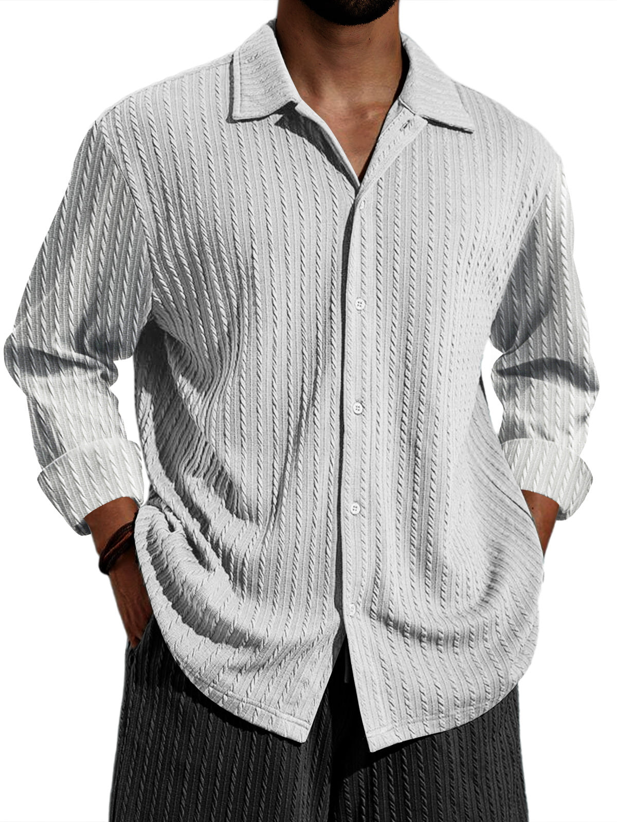 Men's Casual Vertical Stripe Solid Color Long-sleeved Shirt