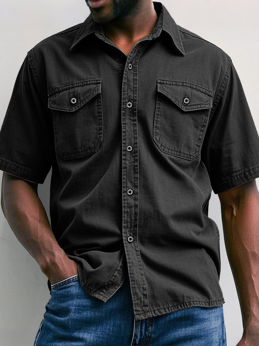 Men's Retro Workwear Double Pocket Casual Solid Color Short Sleeve Shirt