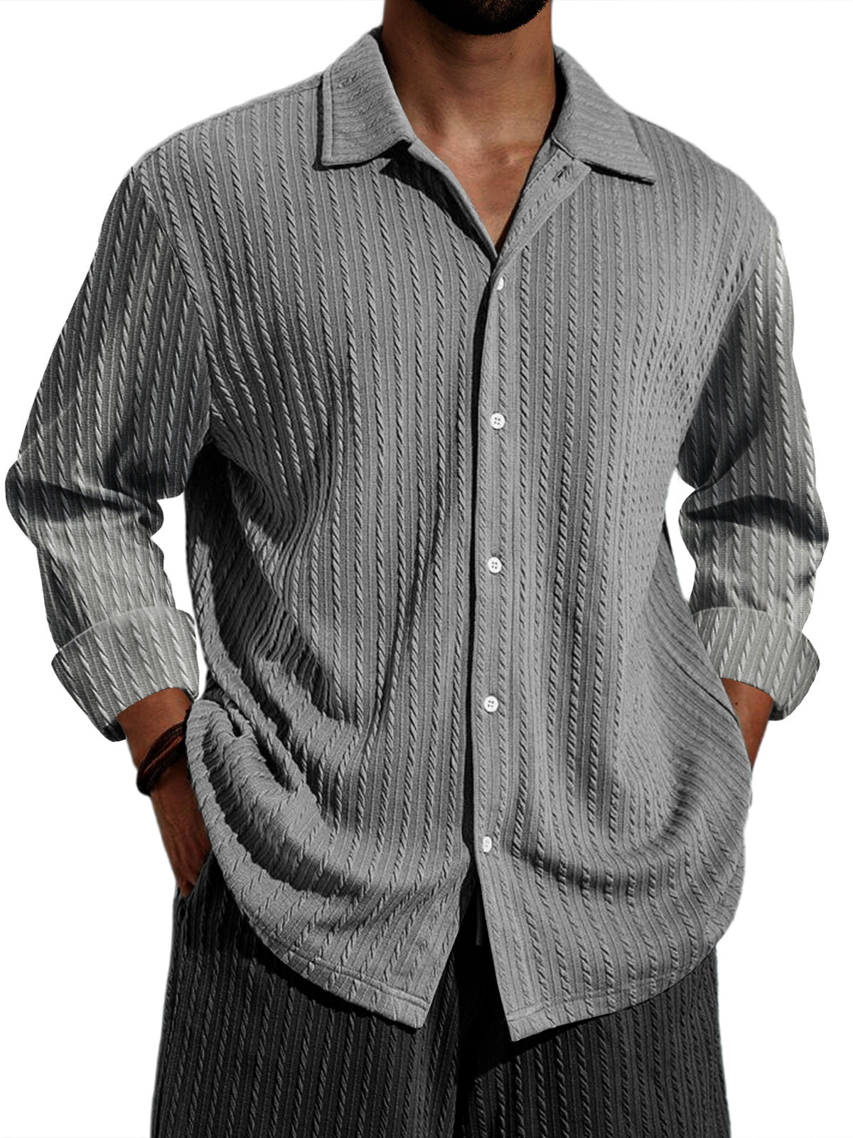 Men's Casual Vertical Stripe Solid Color Long-sleeved Shirt