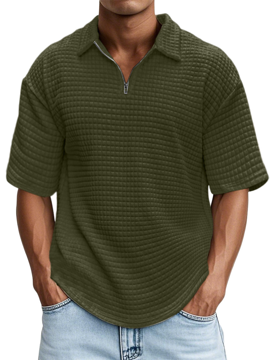 Men's Waffle Fabric Zipper Short-sleeved Top