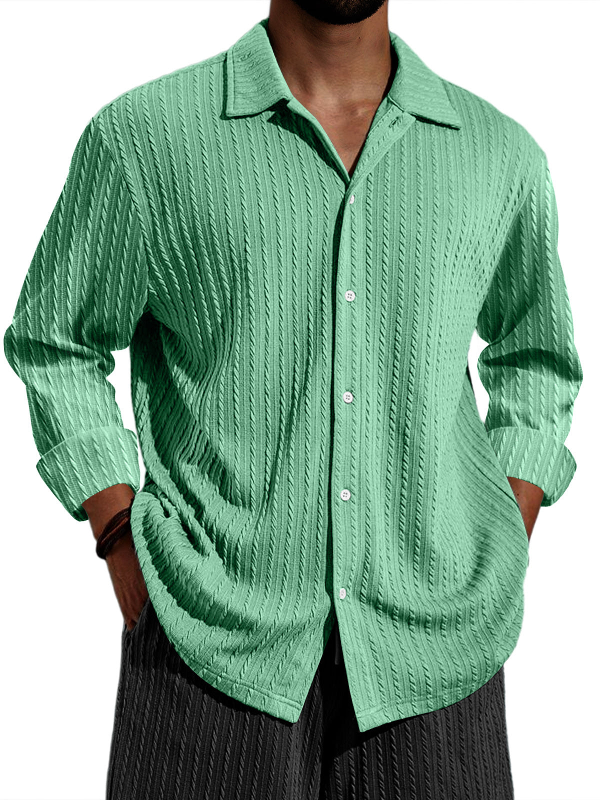 Men's Casual Vertical Stripe Solid Color Long-sleeved Shirt