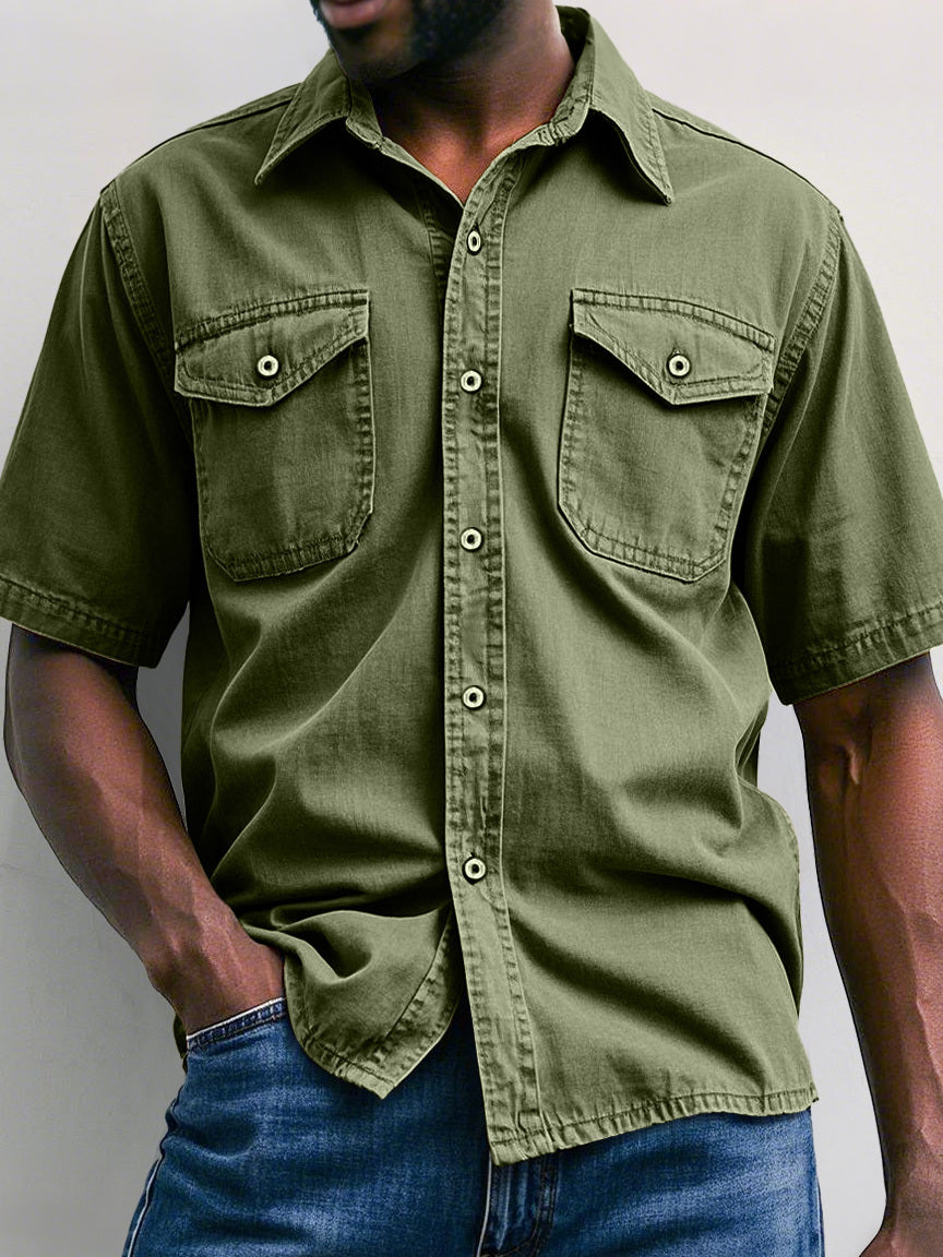 Men's Retro Workwear Double Pocket Casual Solid Color Short Sleeve Shirt