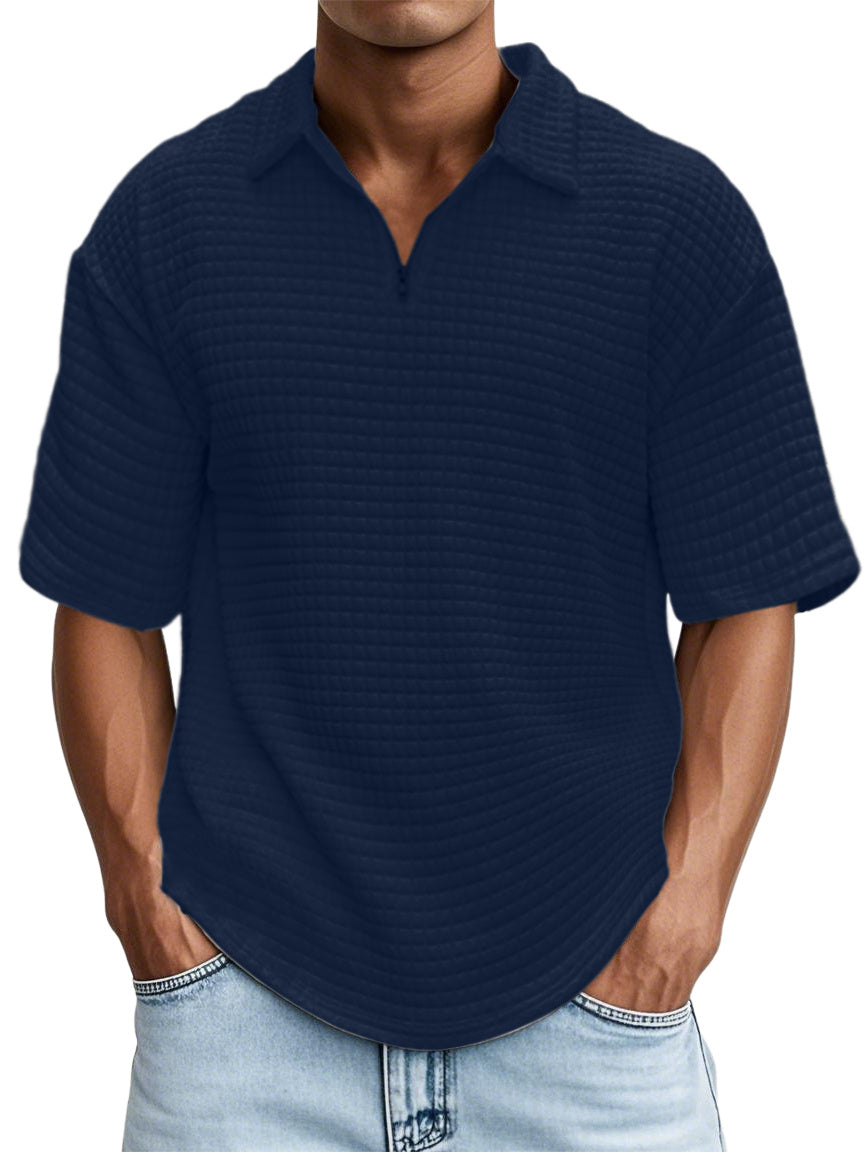 Men's Waffle Fabric Zipper Short-sleeved Top