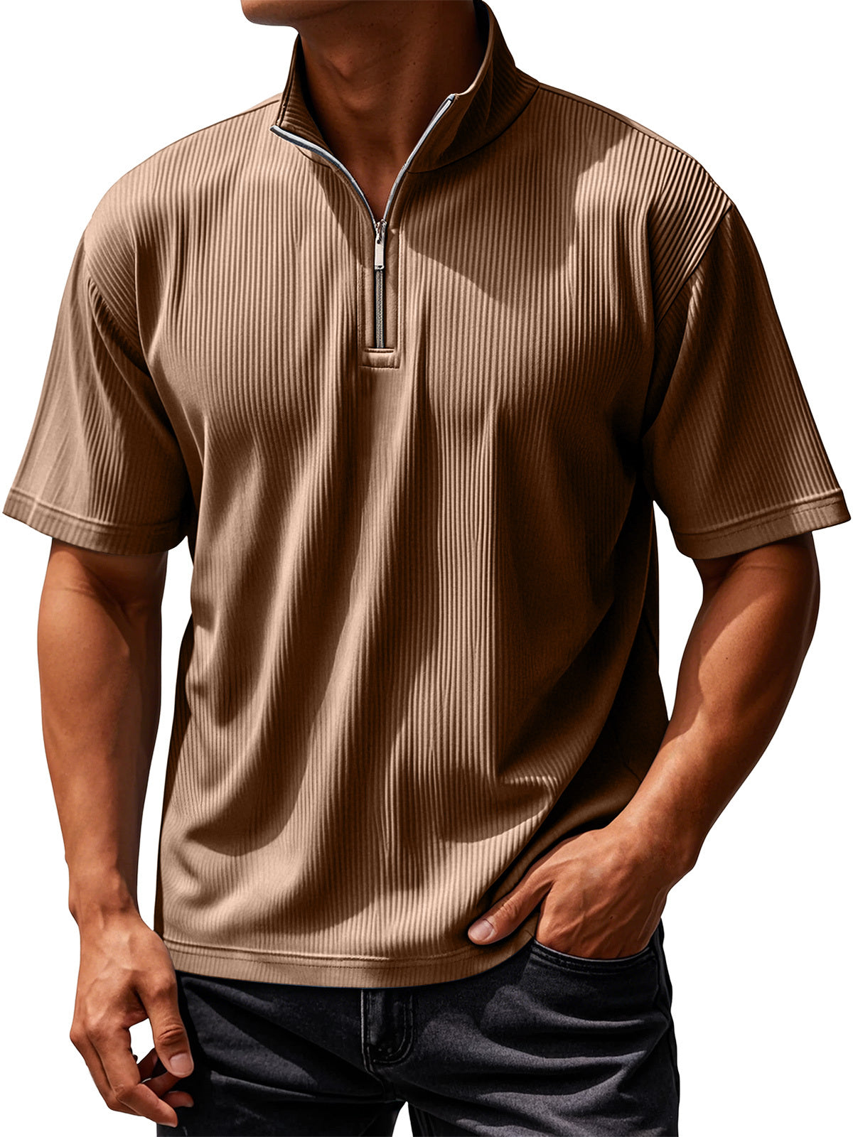 Men's Daily Ribbed Texture Casual Solid Color Short-sleeved T-shirt