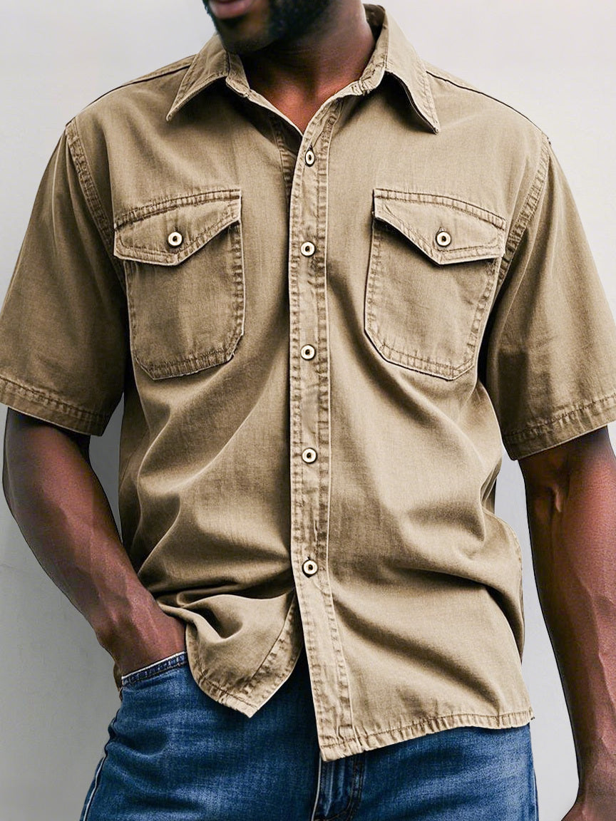 Men's Retro Workwear Double Pocket Casual Solid Color Short Sleeve Shirt