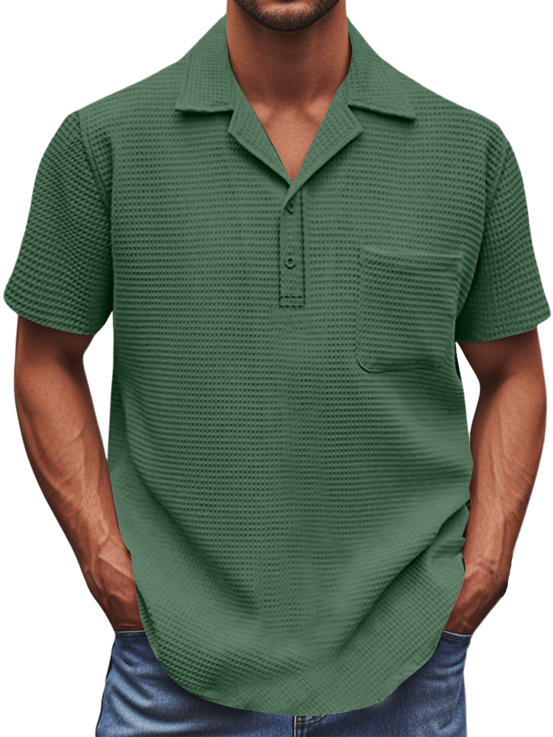 Men's Waffle Fabric Basic Pocket Short-sleeved Polo