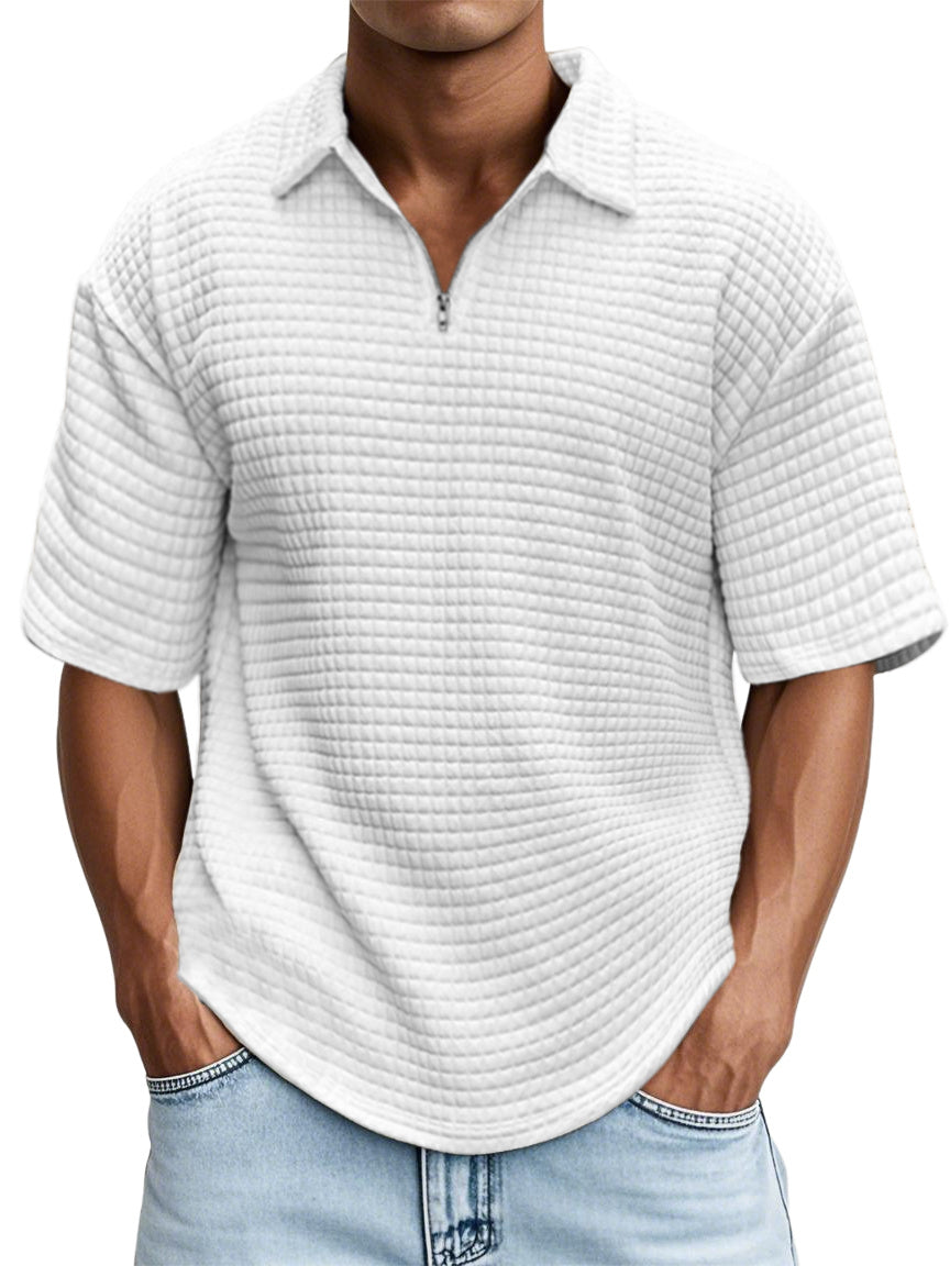 Men's Waffle Fabric Zipper Short-sleeved Top