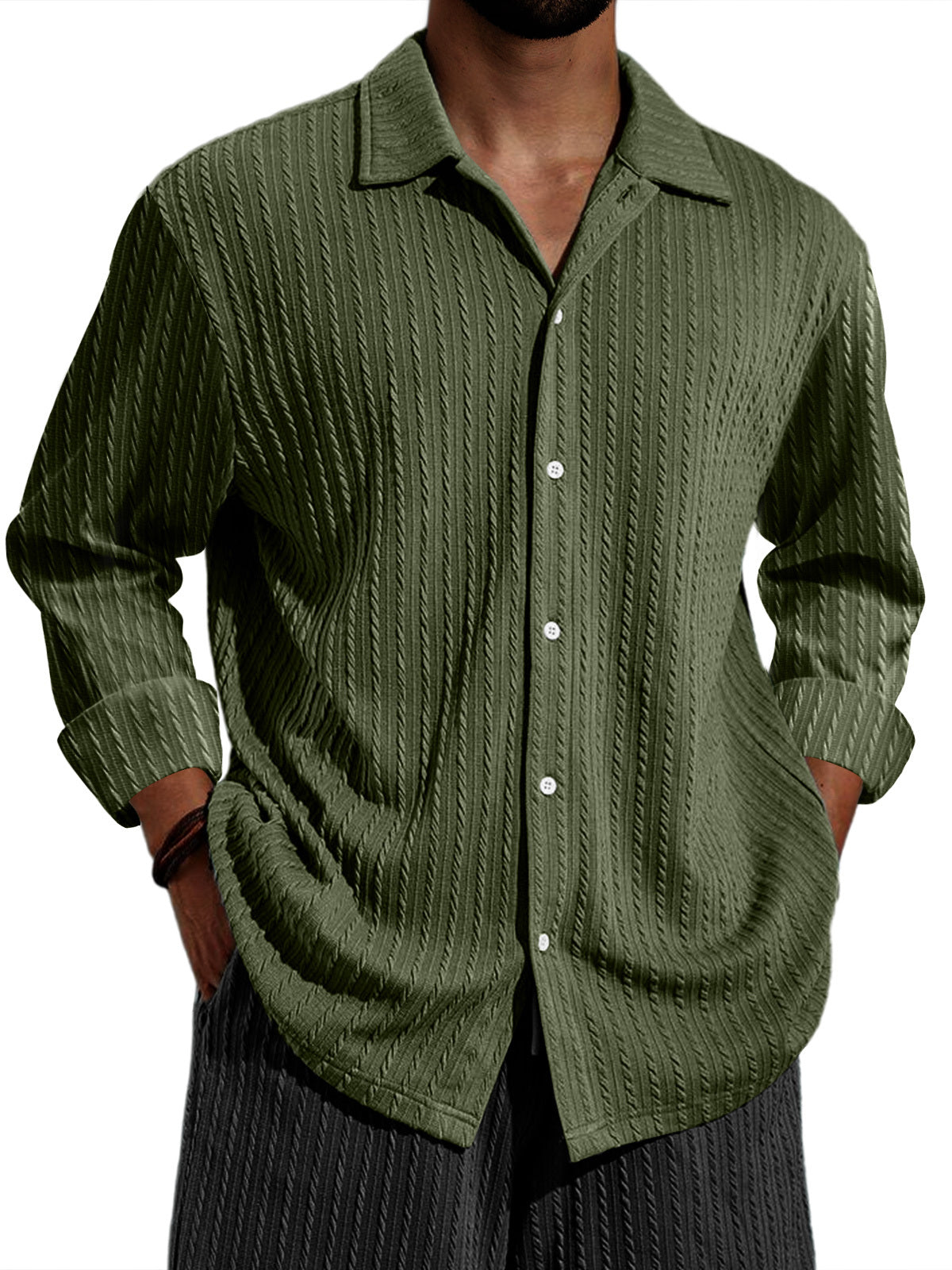 Men's Casual Vertical Stripe Solid Color Long-sleeved Shirt