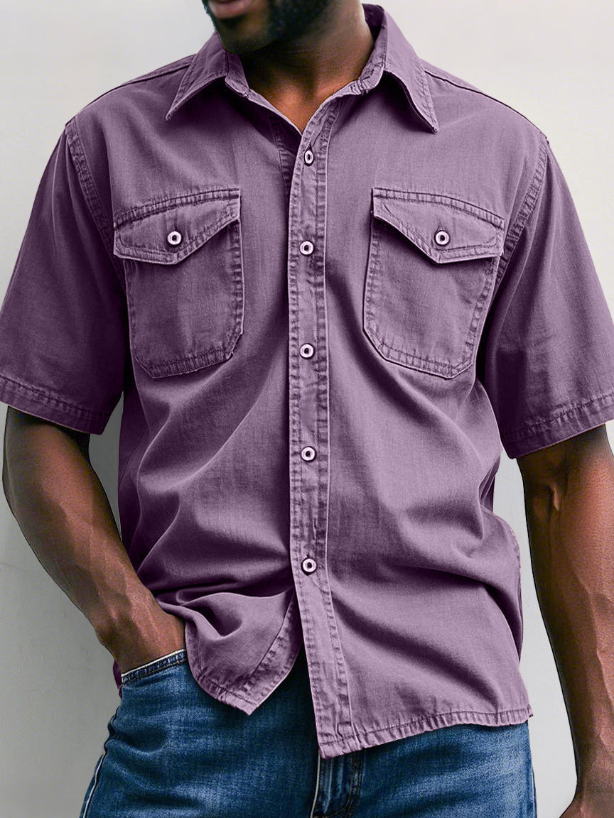 Men's Retro Workwear Double Pocket Casual Solid Color Short Sleeve Shirt
