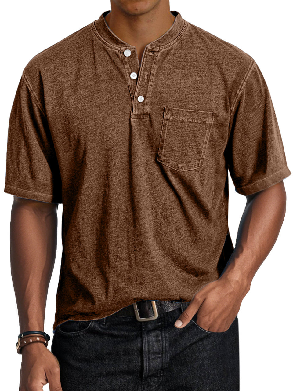 Men's Casual Retro Comfort Short Sleeve Button-Down Henley