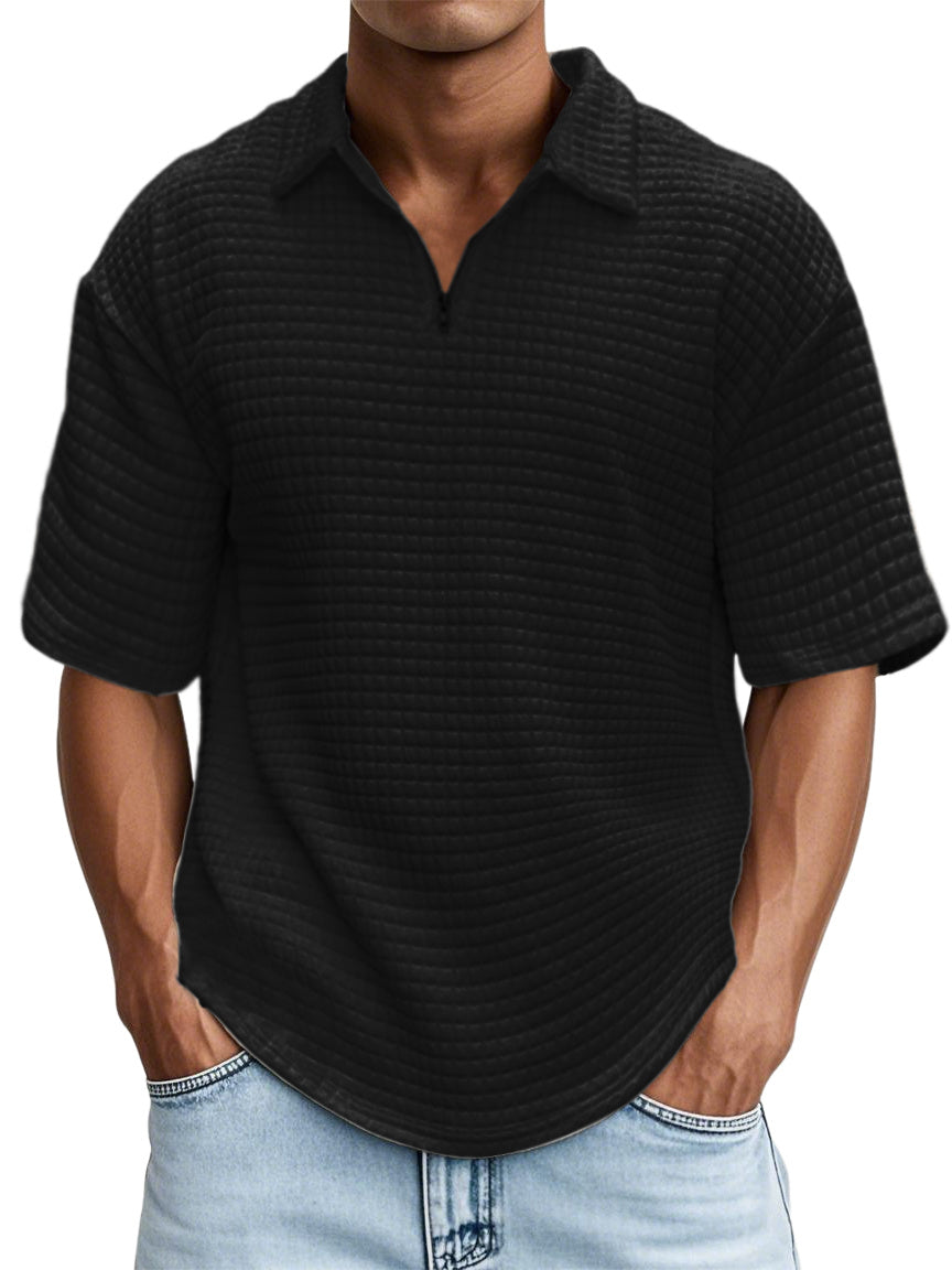 Men's Waffle Fabric Zipper Short-sleeved Top