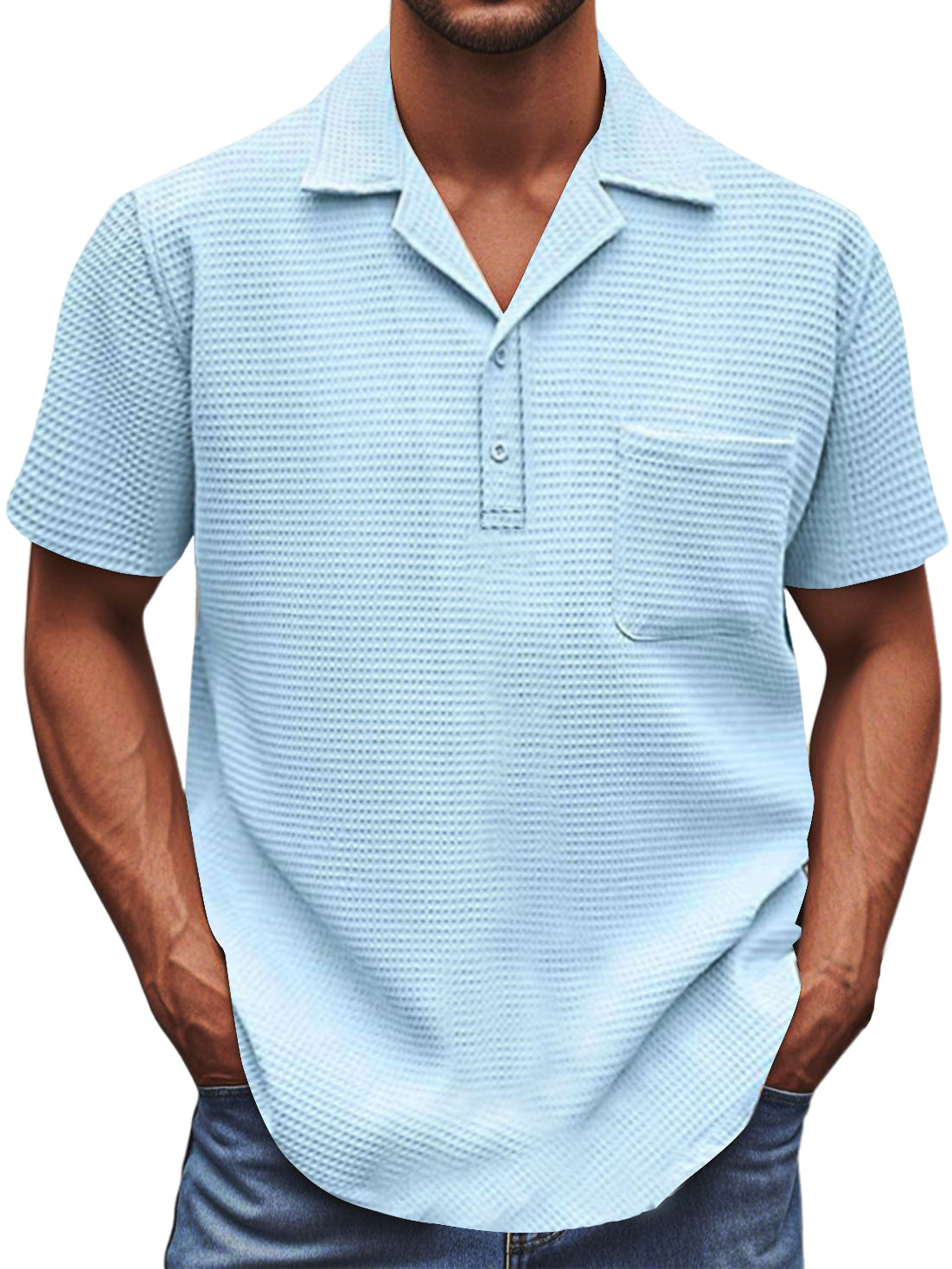 Men's Waffle Fabric Basic Pocket Short-sleeved Polo