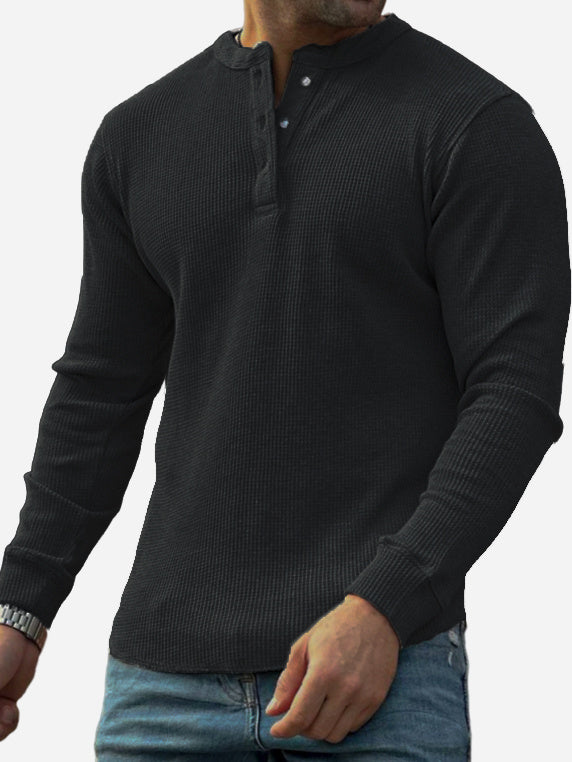 Men's Textured Waffle Trend Long Sleeve Lapel Henley