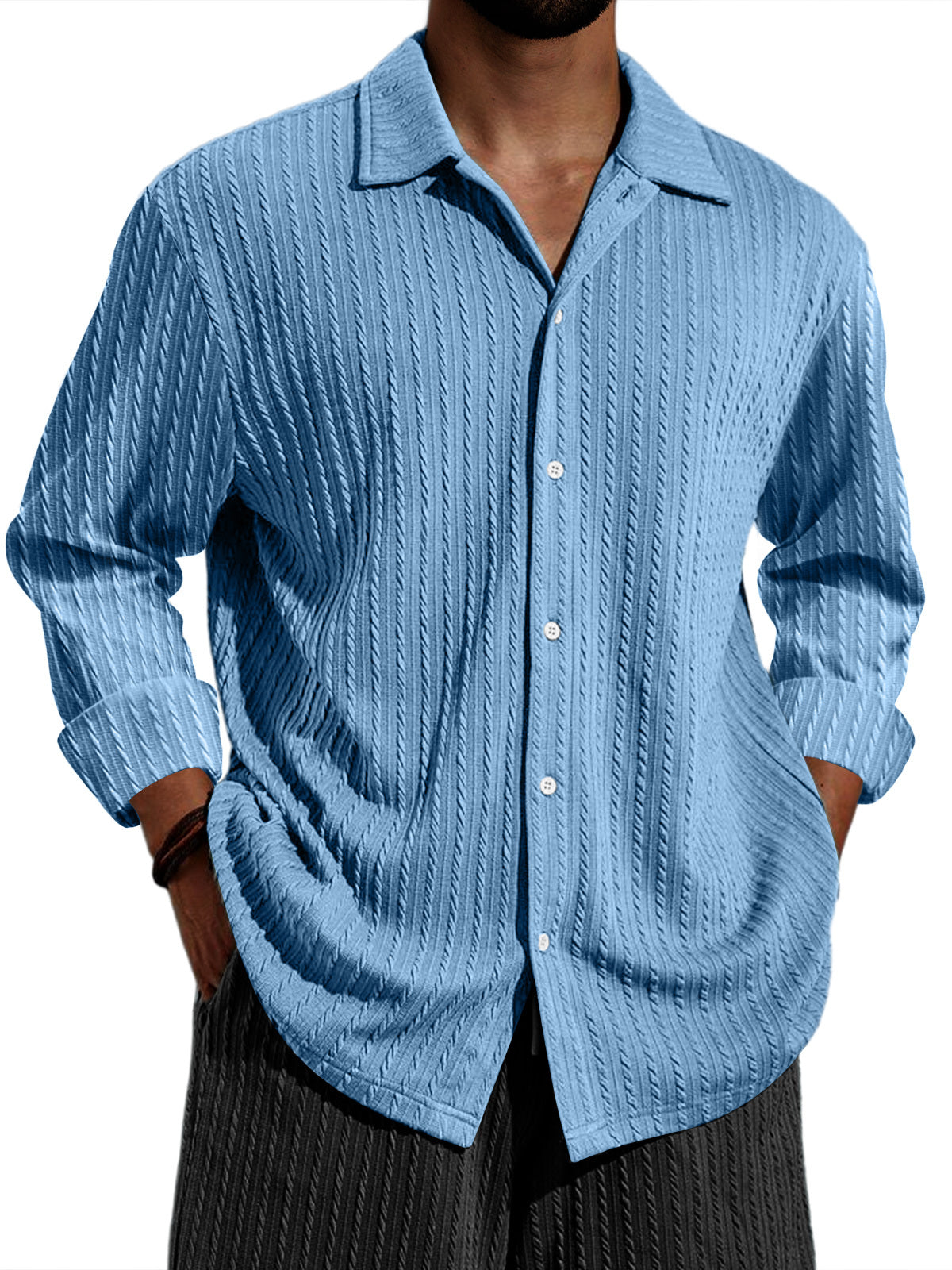 Men's Casual Vertical Stripe Solid Color Long-sleeved Shirt