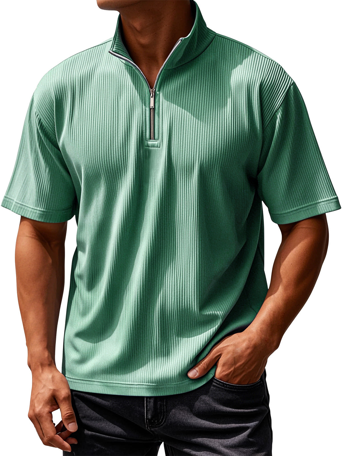 Men's Daily Ribbed Texture Casual Solid Color Short-sleeved T-shirt