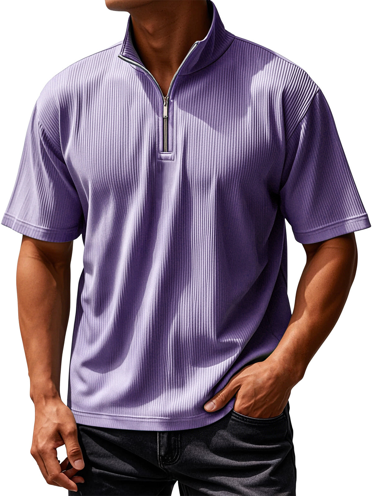 Men's Daily Ribbed Texture Casual Solid Color Short-sleeved T-shirt