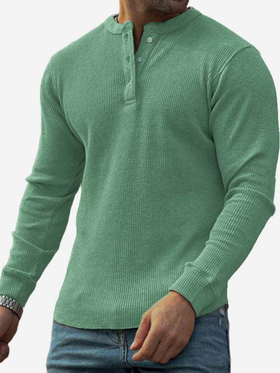 Men's Textured Waffle Trend Long Sleeve Lapel Henley