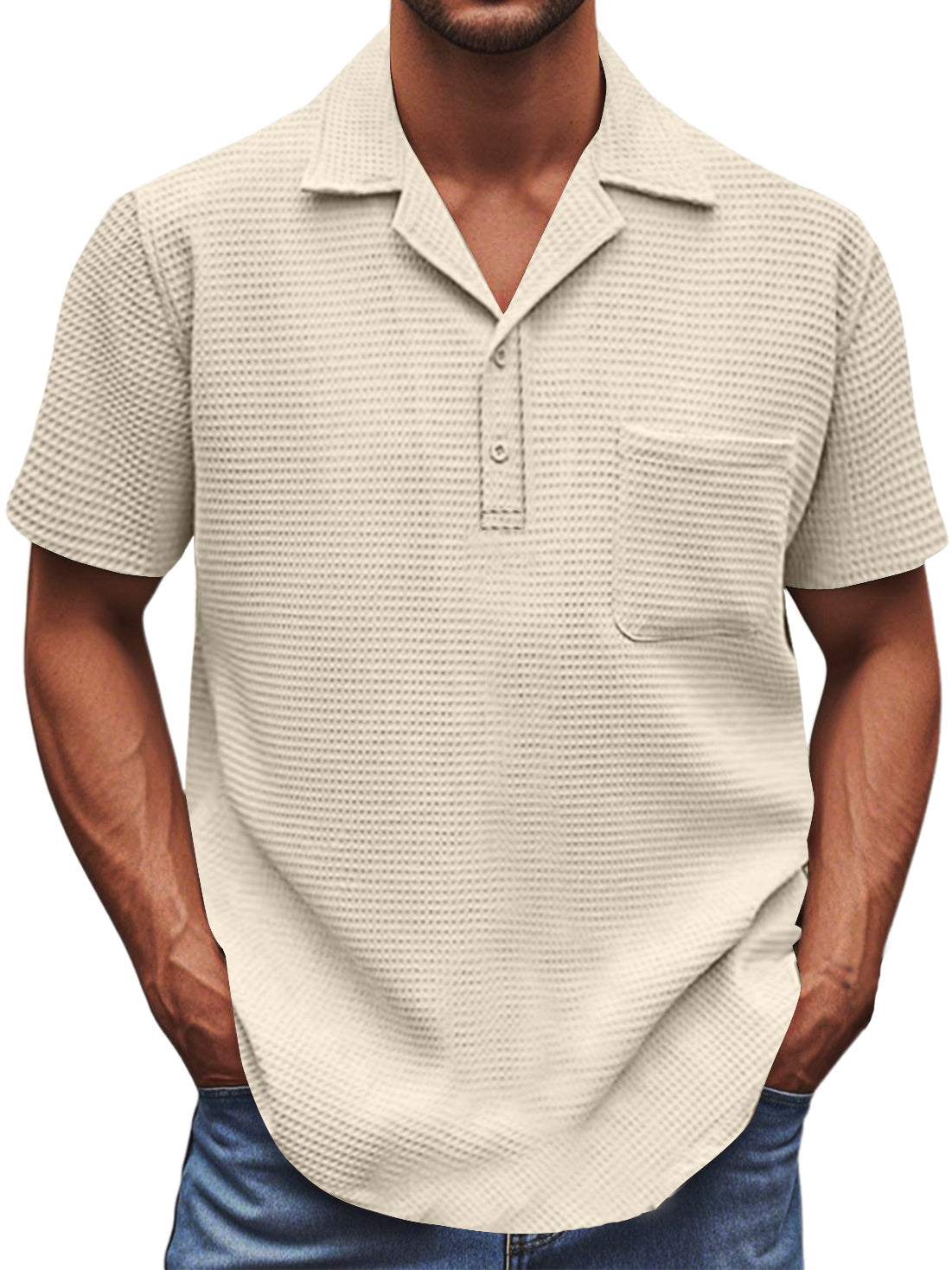 Men's Waffle Fabric Basic Pocket Short-sleeved Polo