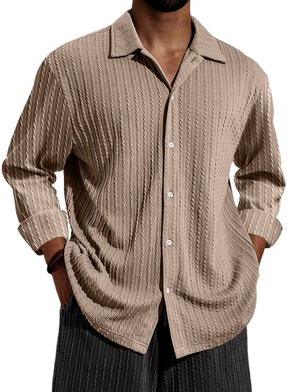 Men's Casual Vertical Stripe Solid Color Long-sleeved Shirt