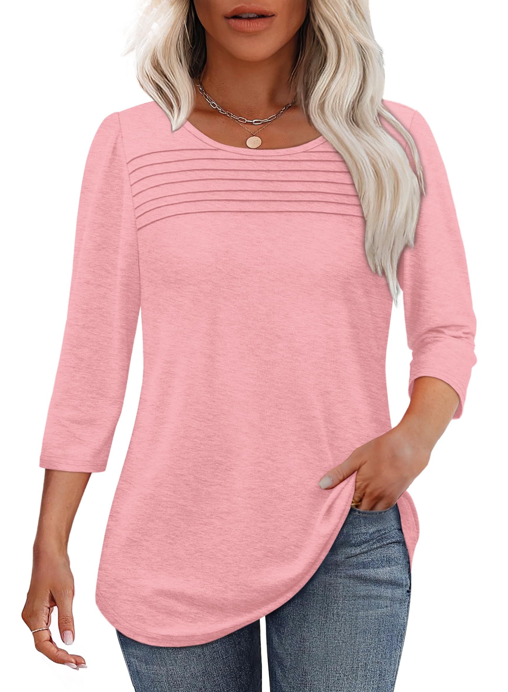 Women's 3/4 Length Sleeve Top Pleated Front T-Shirt (Buy 3 Free Shipping)